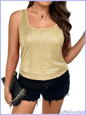 Plus Size Sequin Tank Top Sleeveless Sparkly Club Shirt